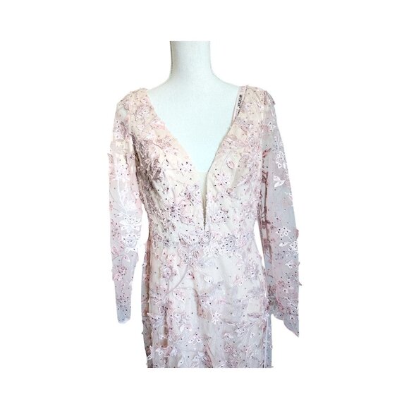 NWT MAC DUGGAL 70224 Pink Floral Applique Long Sleeve Illusion Gown Pink Size 8 - Picture 8 of 15
